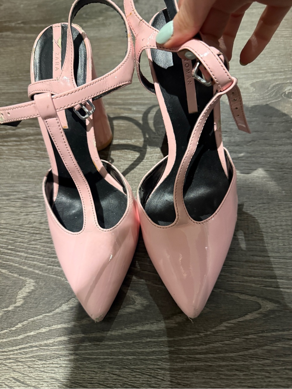 ZARA Glossy Light Pink T-Strap Pointed Block Heels